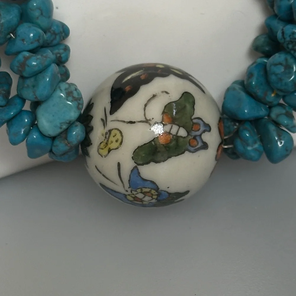 Turquoise and Cream  Coral ceramic boll Beaded Necklace